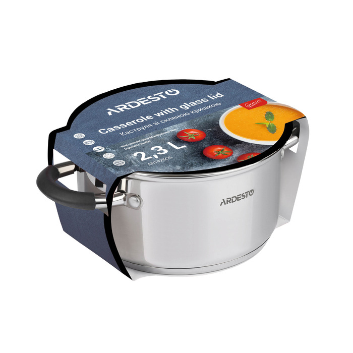ARDESTO Каструля Gemini Salerno, скляна кришка, 2.3 л, сірі ручки з силіконом, нержавіюча сталь
