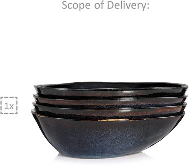 СПІВАЧКА Тарілка для пасти Токіо 4 шт., Тарілка для спагетті 4 персони, Набір посуду з кераміки Макарони, Тарілка з локшиною Можна мити в посудомийній машині, Миска для макаронів ручної роботи, Миска для макаронів синьо-чорна з коричневими вставками Набір