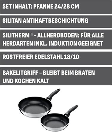 Індукційна сковорода з нержавіючої сталі з антипригарним покриттям, стійка до корозії, з пластиковою ручкою, підходить для всіх типів плит, витримує температуру в духовці до 70C, для делікатного смаження (набір з 2 сковорідок)
