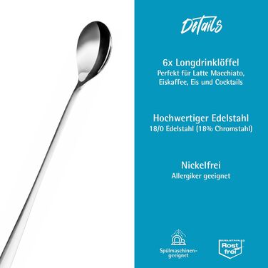 Набір ложок GRWE для лате макіато, золотий, 6 предметів, 22 см, довгі ложки, ложки для коктейлів, десертні ложки, ложки для морозива, ложки для кави з льодом, нержавіюча сталь, можна мити в посудомийній машині, срібний