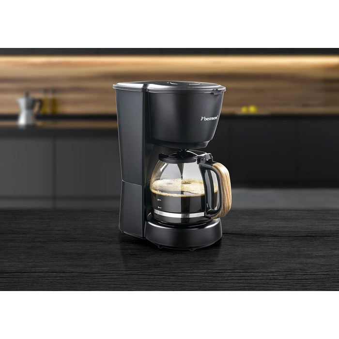 Кавомашина з фільтром Bestron на 8 чашок кави, кавомашина з термоглечиком об'ємом 1 літр, з постійним фільтром і автоматичним вимкненням, 900 Вт, колір (чорний / дерево)