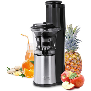 Дизайн повільної соковижималки, результат тесту 'Дуже добре', соковижималка для фруктів, овочів і зелені, великий завантажувальний отвір 75 мм Ø для цілих фруктів, з ситом для соку і сорбету, чорний, нержавіюча сталь, 500 -