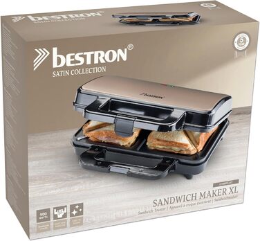 Бутербродница Bestron XL, тостер для 2 бутербродов с антипригарным покрытием на 2 бутерброда, вкл. автоматический контроль температуры и индикатор готовности, 900 Вт, цвет черный/ (бежевый/сатинированный)