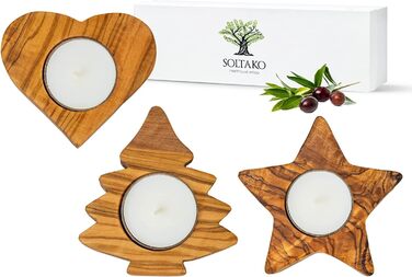 Високоякісні підсвічники в сільському стилі з ексклюзивного оливкового дерева Набір з 3 шт. - Ручна робота - Підсвічник до Дня Святого Валентина з дерева - Тримач для чайної свічки - Прикраса столу - Прикраса для дому (набір з 3 шт. )