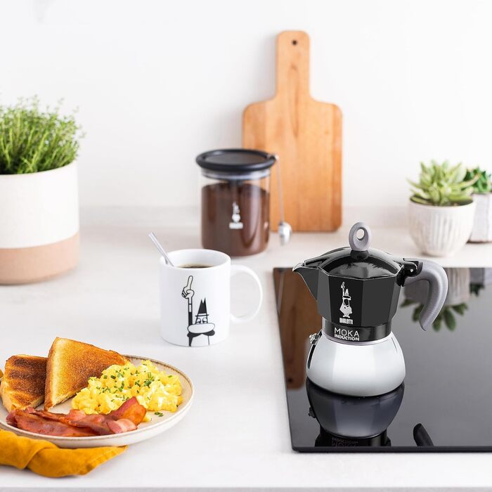 Мока-пот, підходить для всіх плит, еспресо (150 мл), (4 чашки, нова мока-індукція, чорна)