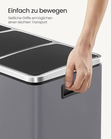 Кухонний кошик для сміття SONGMICS, 3 x 18 л, система розділення сміття з 3 відділеннями, включаючи 15 мішків для сміття, відро для сміття, відро для сміття з педаллю, для вторинної переробки, органічні відходи, з кришкою, LTB54BK (матово-сірий)