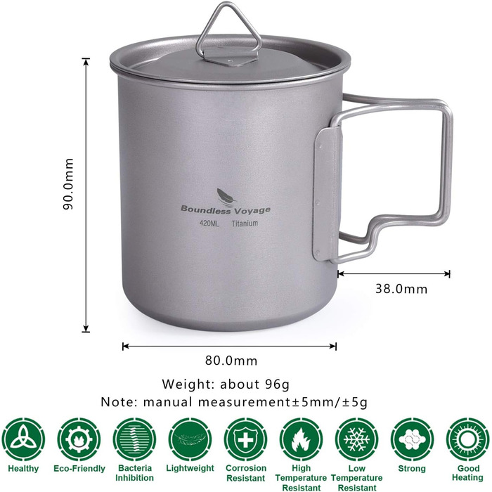 Мл Титанова кружка Кемпінгова кружка Відкритий чай Кава Дорожня кружка з кришкою та відкидною ручкою Легка кружка для води Чашка для пікніка Металевий посуд Ti3034D (чашка Ti3025d-420 мл з кришкою), 300