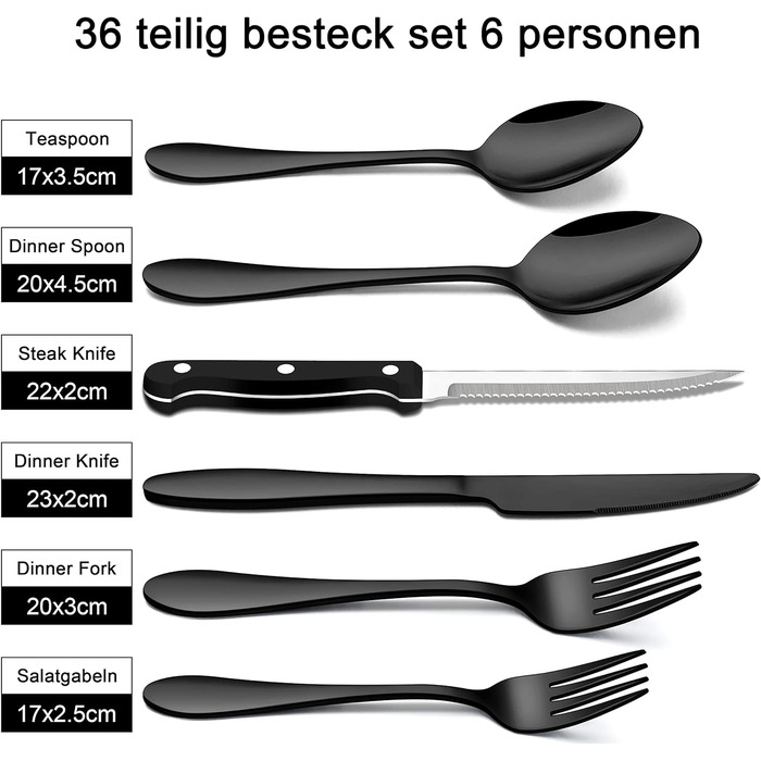 Набір столових приборів Herogo на 6 осіб, набір столових приборів з нержавіючої сталі з 36 предметів з ножем для стейка, набір столових приборів з ложкою-виделкою, елегантний набір столових приборів для дому/ресторану, можна мити в посудомийній машині та 