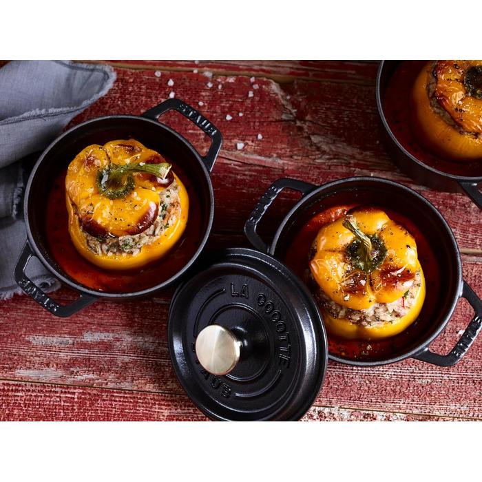 Чавунна каструля/кокотниця STAUB, кругла, 8,35 л, функція Ароматичний дощ для оптимального зволоження, для всіх типів варильних поверхонь, включаючи індукційну та духовку, (чорна, 12 см)