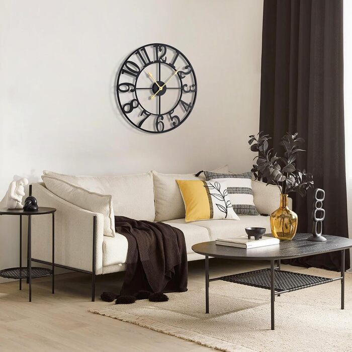 Великий круглий металевий настінний годинник у вінтажному стилі з безшумним нецокаючим годинником на батарейках 40 см, 16-дюймові римські цифри, годинники для вітальні, спальні, кухні, настінний годинник-прикраса (чорні арабські цифри, 60 см)