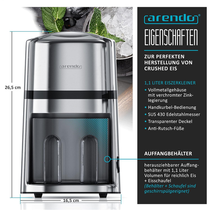 Ручний льодоподрібнювач з нержавіючої сталі 1,1 л Arendo