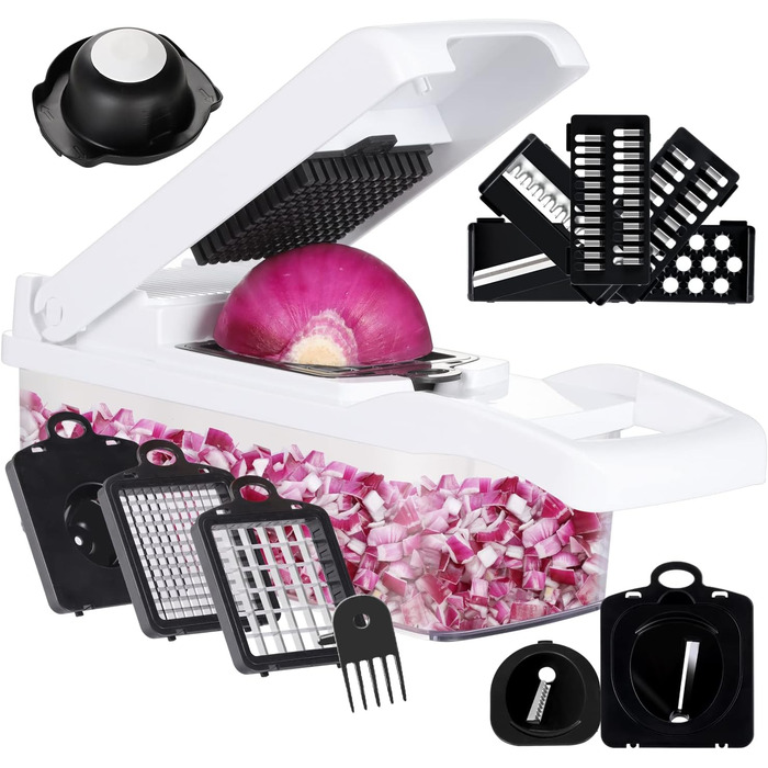 Овочерізка KEOUKE, 12-в-1 овочерізка, подрібнювач, кухонний комбайн з контейнером, захистом для рук, кошиком для зливання води (білий)