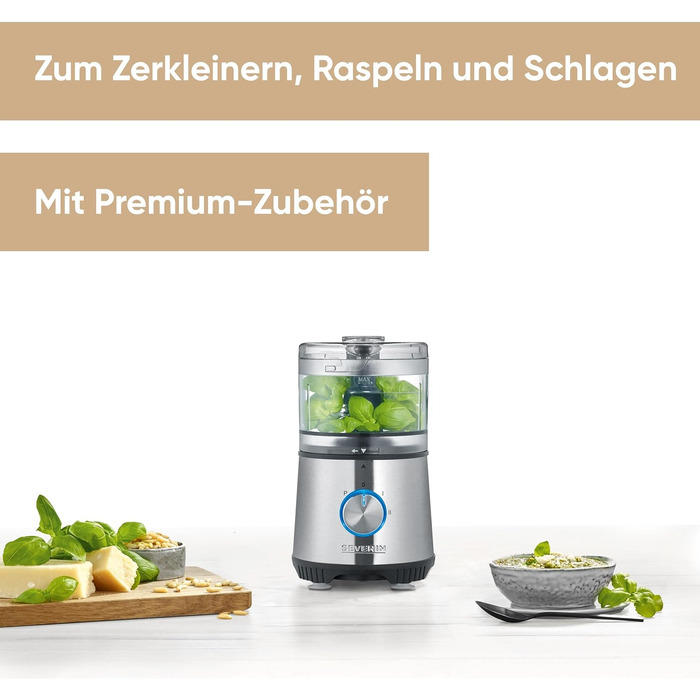 Компактний мультиподрібнювач SEVERIN, універсальний подрібнювач для грубого та дрібного подрібнення, кухонний комбайн з широким набором аксесуарів, матова нержавіюча сталь / чорний, KM 3865