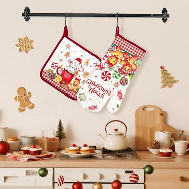 Набір з 2 рукавичок для духовки Arquiel з тримачем для каструлі Gnome Autumn Orange Checked, 100 бавовняні кулінарні рукавички, термостійкі кухонні рукавички для приготування їжі, осінній декор, подарунки для жінок (Різдво 03, рукавичка для духовки тримач