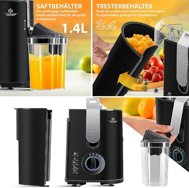 Соковижималка KESSER для фруктів та овочів з нержавіючої сталі 1100 Вт великий завантажувальний отвір 85 мм з щіткою для чищення та контейнером для соку 3 режими швидкості, соковижималка, сріблястий (чорний / сріблястий)