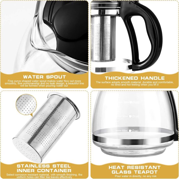 Чайник заварювальний скляний 1,5 л з фільтром для чаю OUNONA