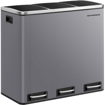 Кухонний кошик для сміття SONGMICS, 3 x 18 л, система розділення сміття з 3 відділеннями, включаючи 15 мішків для сміття, відро для сміття, відро для сміття з педаллю, для вторинної переробки, органічні відходи, з кришкою, LTB54BK (матово-сірий)