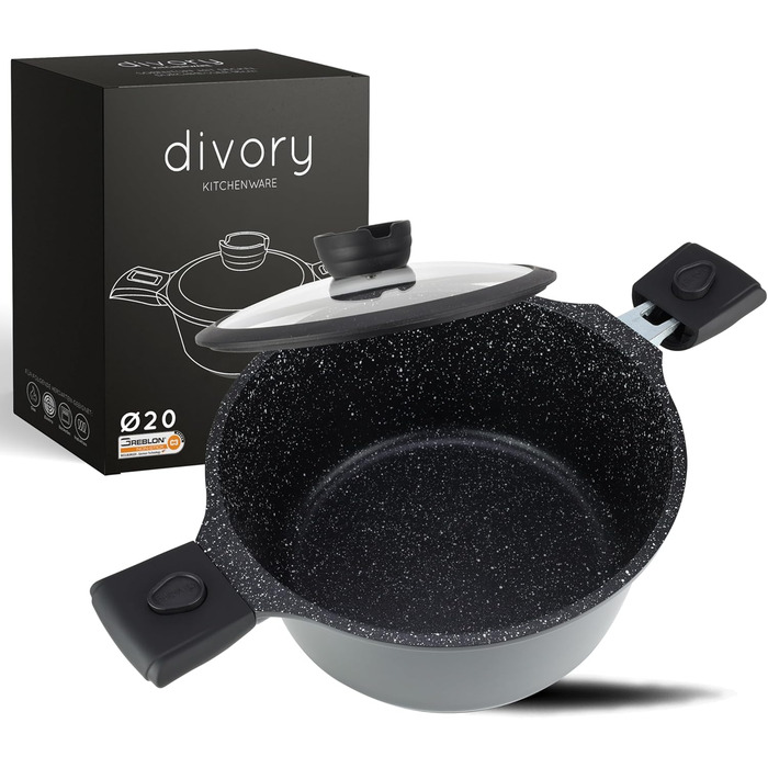 Кастрюля 20 см со съемными ручками и крышкой, черная DIVORY