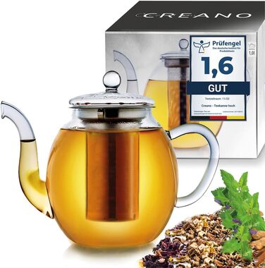 Чайник из Creano glass с крышкой для чая 500 мл из чайных цветов, чайных роз и листового чая, а также чайных пакетиков качественный, термостойкий (1 л)