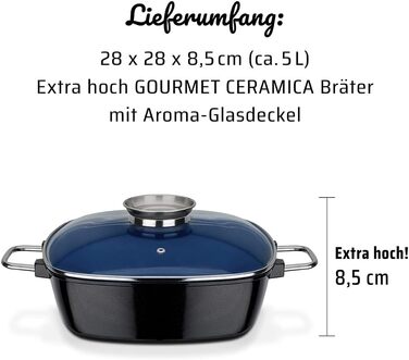 Квадратна жаровня GSW Ceramica високоякісна жаровня з кришкою, ідеально підходить для тушкування, приготування на пару та смаження, також підходить для індукції та використання в духовці синя, литий алюміній, 5 літрів