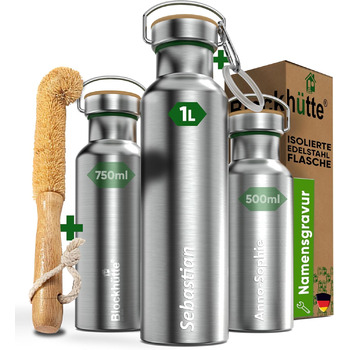 Ізольована пляшка преміум-класу з нержавіючої сталі I 1 л I зі щіткою з натуральної щетини I Герметична ізольована пляшка I Ізольована пляшка, яку можна мити в посудомийній машині для університету, офісу I Без BPA (нержавіюча сталь назва)