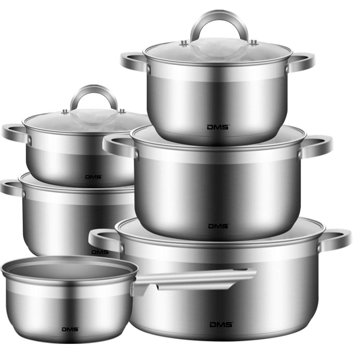 Набір каструль з нержавіючої сталі зі скляними кришками, 11 предметів DMS