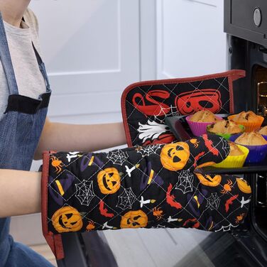 Набір з 2 кухонних рукавичок та підставок для каструль Arquiel Gnome Autumn Orange Checked, 100 бавовняні кулінарні рукавички, термостійкі кухонні рукавички для приготування їжі, осінній декор, подарунки на кухню для жінок (Хелловін, 2 кухонні рукавички 2