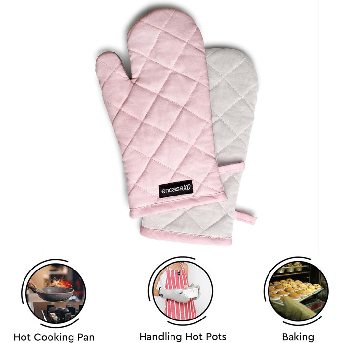 Рукавички Encasa Homes Extra Long для духовки та мікрохвильової печі (2 шт.) для використання на кухні - Силіконові сріблясті термостійкі - Захищають руки від гарячого обладнання - (17x29 см, світло-рожеві та світло-сірі)