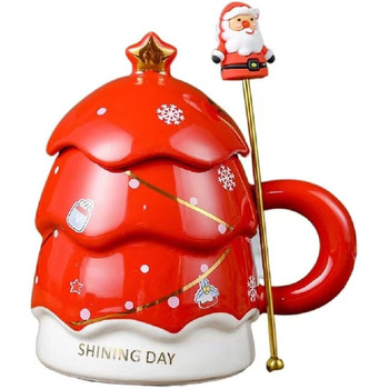 Кофейная кружка 400 мл Рождественская елка с крышкой и палочкой для перемешивания, красный YDoLimmer