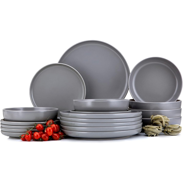 Консімо. Набір посуду Combi 6 персон Набір тарілок VICTO Modern 24 предмети Столовий сервіз - Сервіз та набори посуду - Комбінований сервіз 6 осіб - Сервіз для сім'ї - Посуд Столовий посуд (18 предметів (тарілка з макаронами), сірий)