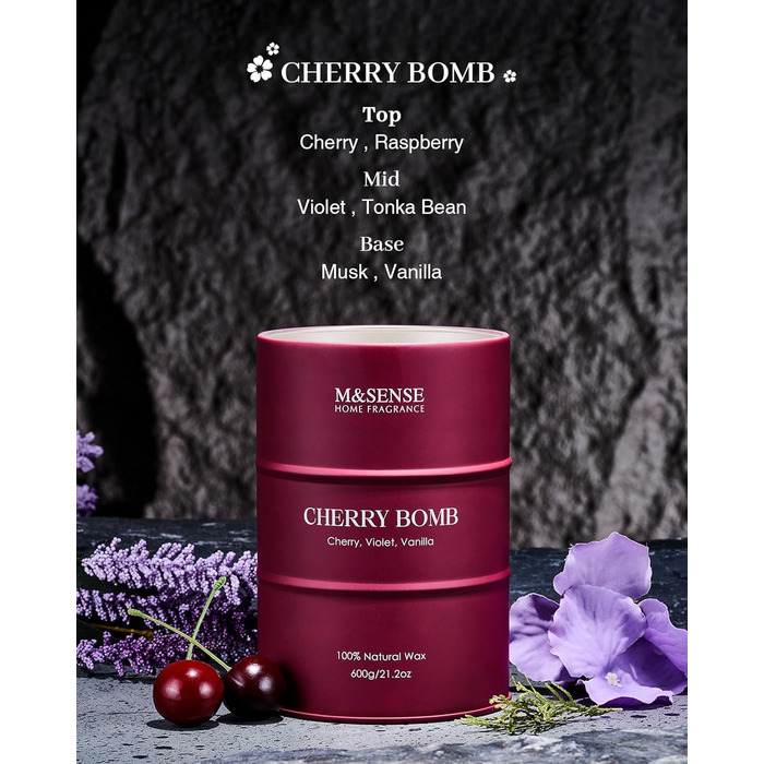 Ароматичні свічки M&SENSE з натурального соєвого воску, натуральна соєва свічка для домашнього декору, тривалий час горіння до 70 годин, класні подарунки-свічки для чоловіків і жінок (600 г, вишнева бомба)