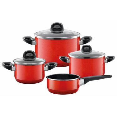 Набір посуду Silit Modesto для індукційних плит, 4 предмети, з кришками зі скла, кераміка Silargan, індукційний посуд без нікелю, підходить для всіх типів плит, вироблено в Німеччині, червоний колір