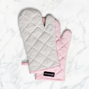 Рукавички Encasa Homes Extra Long для духовки та мікрохвильової печі (2 шт.) для використання на кухні - Силіконові сріблясті термостійкі - Захищають руки від гарячого обладнання - (17x29 см, світло-рожеві та світло-сірі)