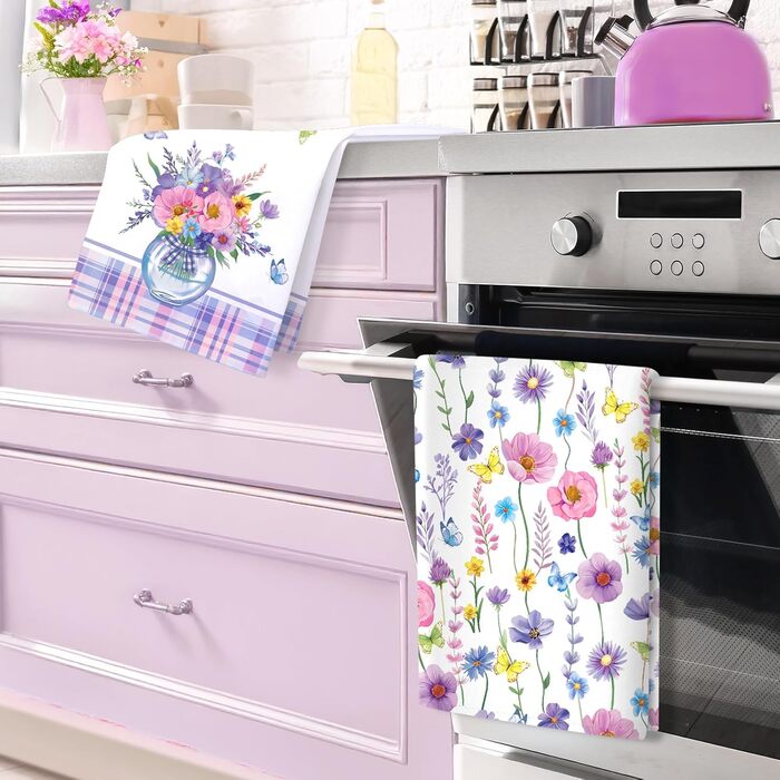 Кухонні рушники, бавовна, 4 упаковки, кухонні рушники, 100 бавовна. Осінній набір кухонних рушників. Універсальні високоякісні кухонні рушники для сушіння, 50 x 70 см (фіолетова квітка 02)