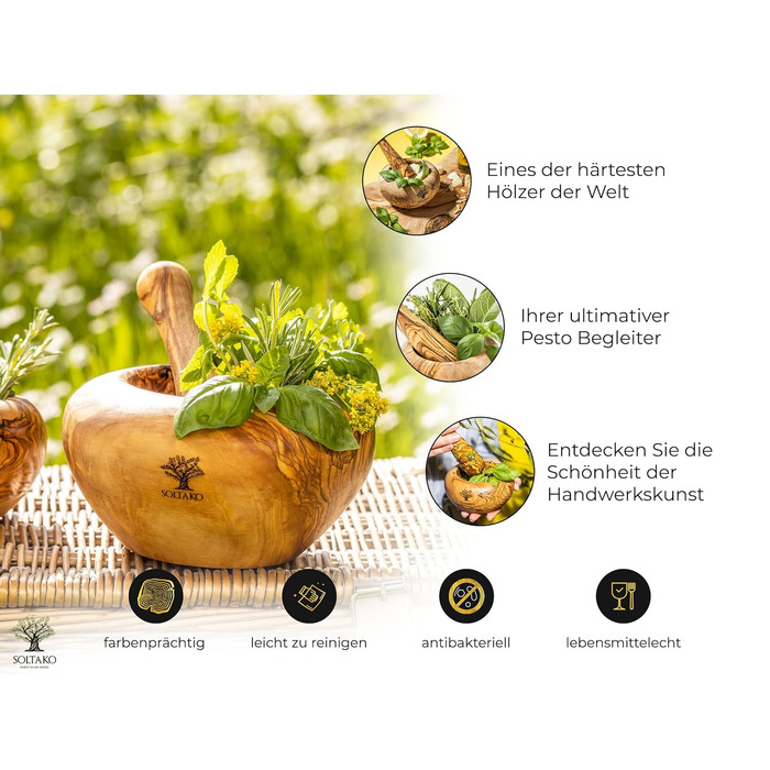 Оливковая ступка и набор пестиков - Ступка - Деревянная ступка - Экологичная ступка для трав и специй Ø Диаметр около 12 см Круглый Ø 12 см