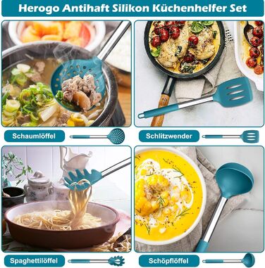 Набор кухонных гаджетов Herogo, 9 предметов силиконовой кухонной утвари, набор кухонных столовых приборов с держателем для посуды, набор шпателей для кухонной утвари с ручкой из нержавеющей стали, термостойкий и антипригарный (синий)