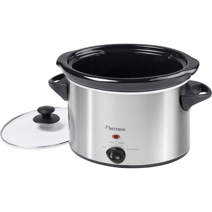Мультиварка Bestron на 2 персоны, мультиварка с керамической сковородой и стеклянной крышкой, 3-ступенчатый термостат, идеально подходит для многих блюд, таких как мясо, супы и овощи, 1,5 литра, цвет серебристый (3,5 литра)