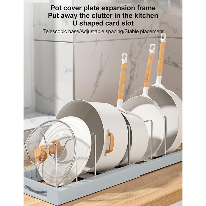 Розширюваний органайзер для каструль, органайзер для каструль та сковорідок, нековзний, регульований розмір, багатоцільовий органайзер для каструль у шафі з 7 тримачами для кухонь, офісів, ресторанів (сірий)