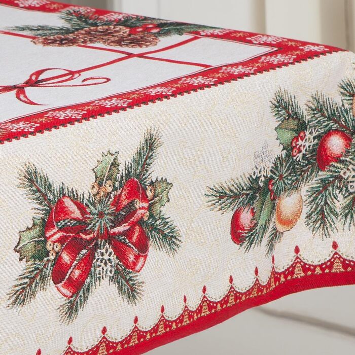 Дім різдвяної гобеленової різдвяної скатертини Скатертина на Різдво та Новий рік (різдвяні стрічки (блискучі), 140x140 см)