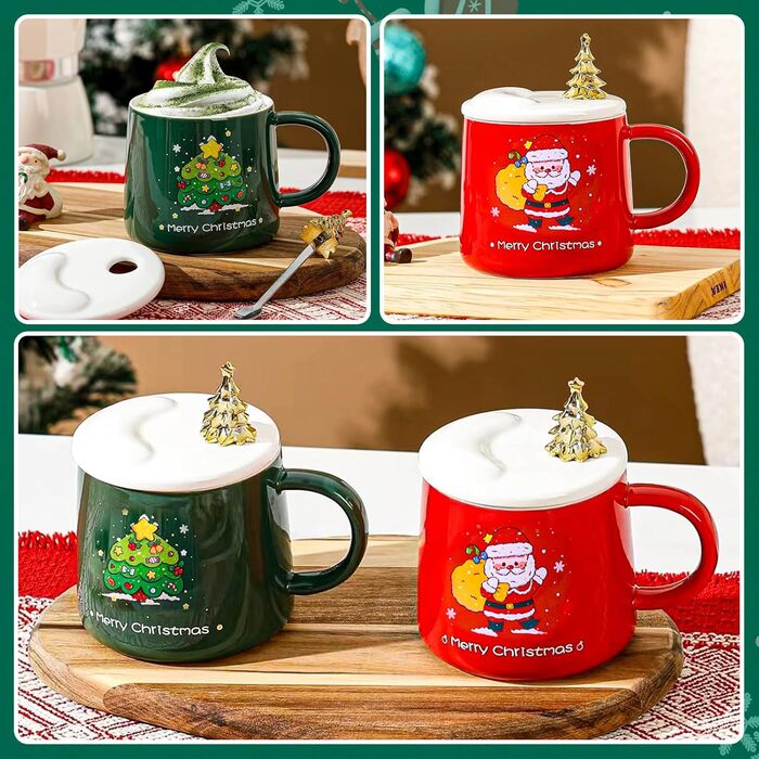 Милі кухлі Санта-Клауса ZONSUSE, кухоль з Різдвом Христовим, 3D різдвяна кружка, з ручками у формі цукерок та ложкою у формі ялинки, ідеї різдвяних подарунків для жінок і чоловіків 400 мл (A-зелений) (B-зелений)