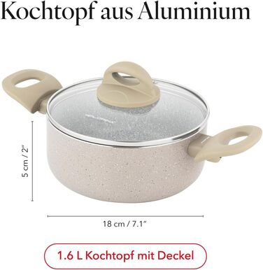 Алюмінієва каструля FLORINA 16 см 1,6 л Підходить для індукції Керамічне покриття, стійке до подряпин М&39яка ручка під дерево Термостійка Для всіх варильних поверхонь Легко миється (ISLA, 1,6 л - 18 см)