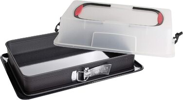 Прямокутна пружинна форма Zenker з капюшоном DELUXE, коробка для транспортування торта з емальованим дном, деко з кришкою (колір чорний/прозорий/червоний), кількість ука з кришкою для транспортування одинарна