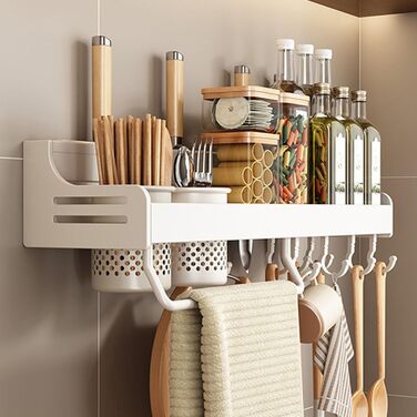 Підвісна підставка для спецій з металу, міцна кухонна полиця, настінна підставка для спецій, органайзер для спецій, кухонний органайзер, підставка для спецій з тримачем для рушників, Daojai, гачки та тримач для столових приборів, сіра, (50 см, білий)