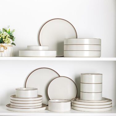 Набір посуду LeRatio для 6 осіб, 18-предметний набір керамічного посуду, керамічна миска та тарілка, стійкі до подряпин (18 предметів, перлинно-біло-коричневий обідок)