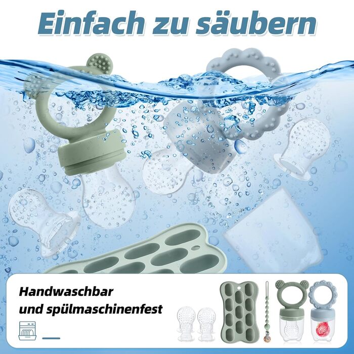 Фруктова пустушка для малюків від 3, 4, 5 та 6 місяців, 2 упаковки дитячої годівниці для фруктового харчування та контейнера для зберігання дитячого харчування, ланцюжок для пустушки та 6 силіконових сосків 3 розмірів, фруктова пустушка для малюків (зелен