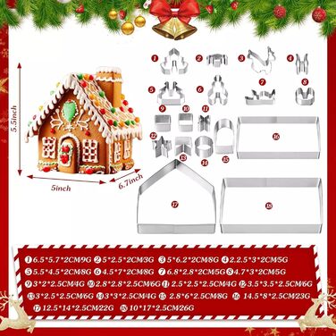 Форма для печива з пряникового будиночка, різдвяний пряниковий будиночок, різдвяна формочка для печива, форма для випічки своїми руками, різдвяна форма з нержавіючої сталі, різдвяний будиночок (18 шт./будиночок, сніговик, олень, сани)
