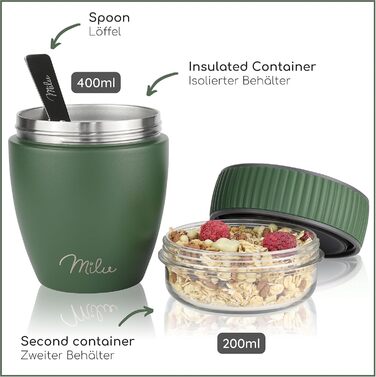 Стаканчик для пластівців Milu 400 мл з назвою MsliMax для йогурту герметичний стаканчик з ложкою (оливково-зелений, нержавіюча сталь)
