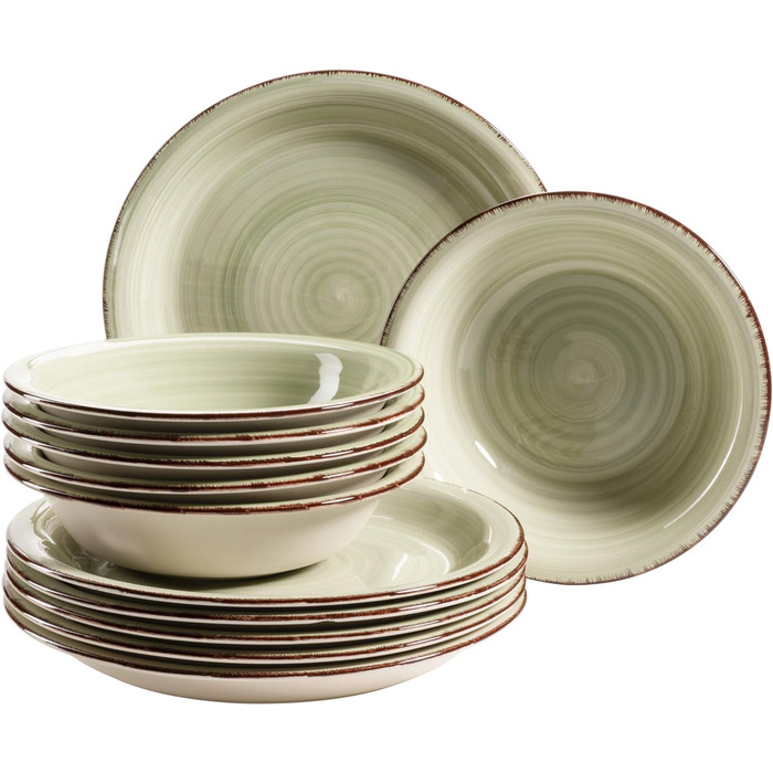 Набір тарілок на 6 осіб у сучасному вінтажному вигляді, обідній сервіз із 12 предметів, ручний розпис, зелений, керамограніт