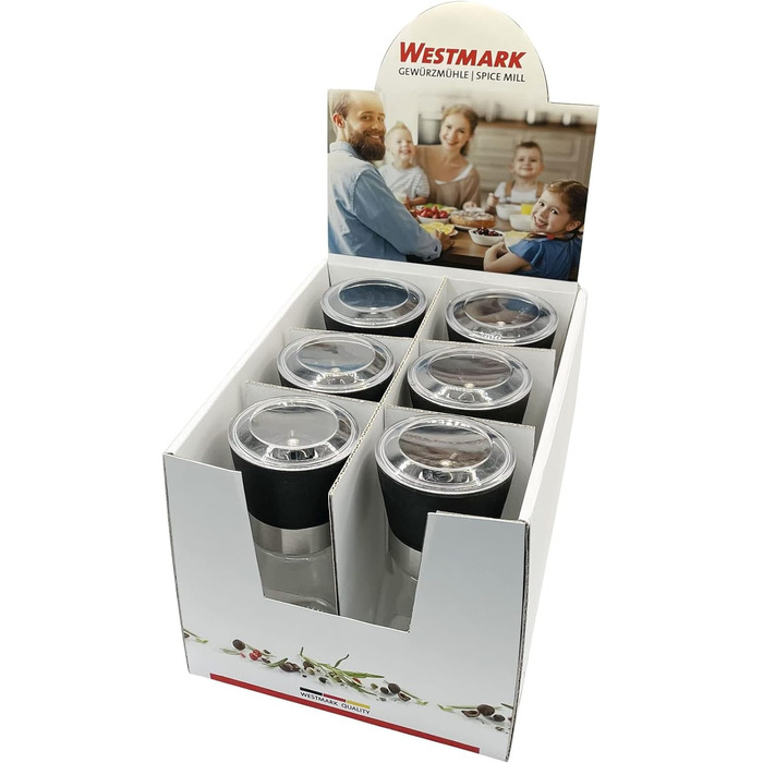 Дисплей Westmark, Вміст 6 дозаторів, Ємність 190 мл кожен, Скло/Нержавіюча сталь/Пластик, Прозорий/Чорний/Сріблястий, 63592611 (Spice Mill, 6 шт. , Blacky)