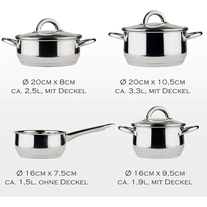 Набір з 4 каструль з нержавіючої сталі зі скляними кришками Linnuo